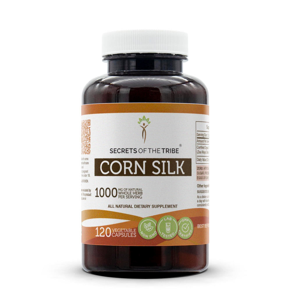 Secrets of the Tribe corn silk bottle shows daily herbal capsules for convenience.