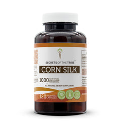 Secrets of the Tribe corn silk bottle shows daily herbal capsules for convenience.