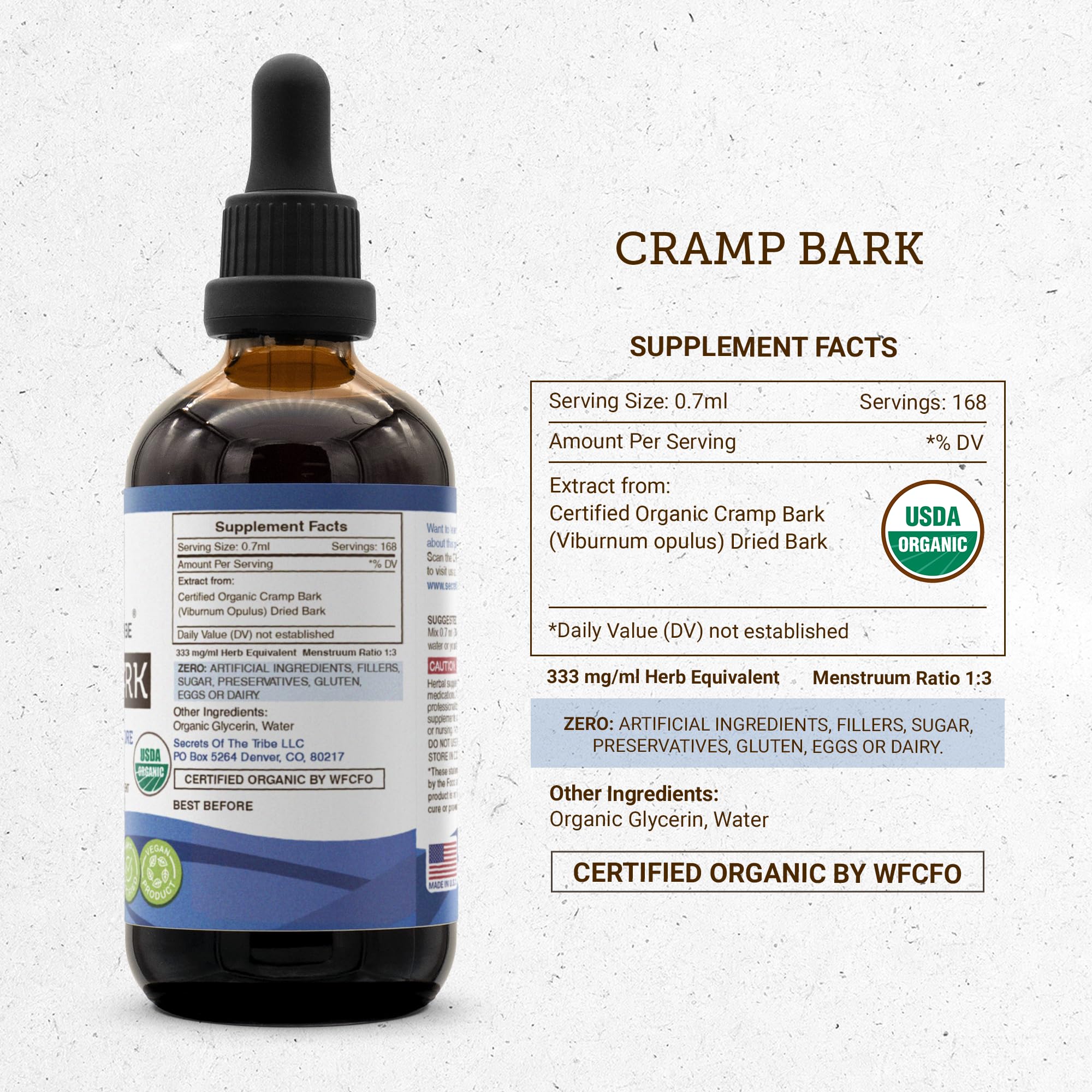 Secrets of the Tribe Cramp Bark dried bark displays the high-quality organic ingredient.