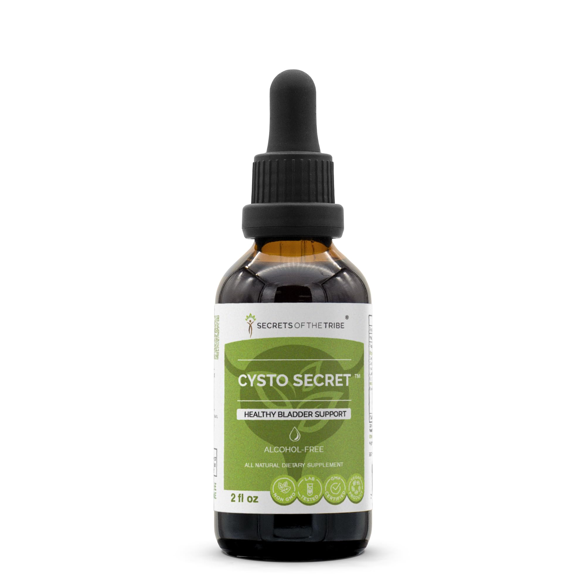 Secrets of the Tribe Cysto Secret bottle closeup for convenient daily bladder support.