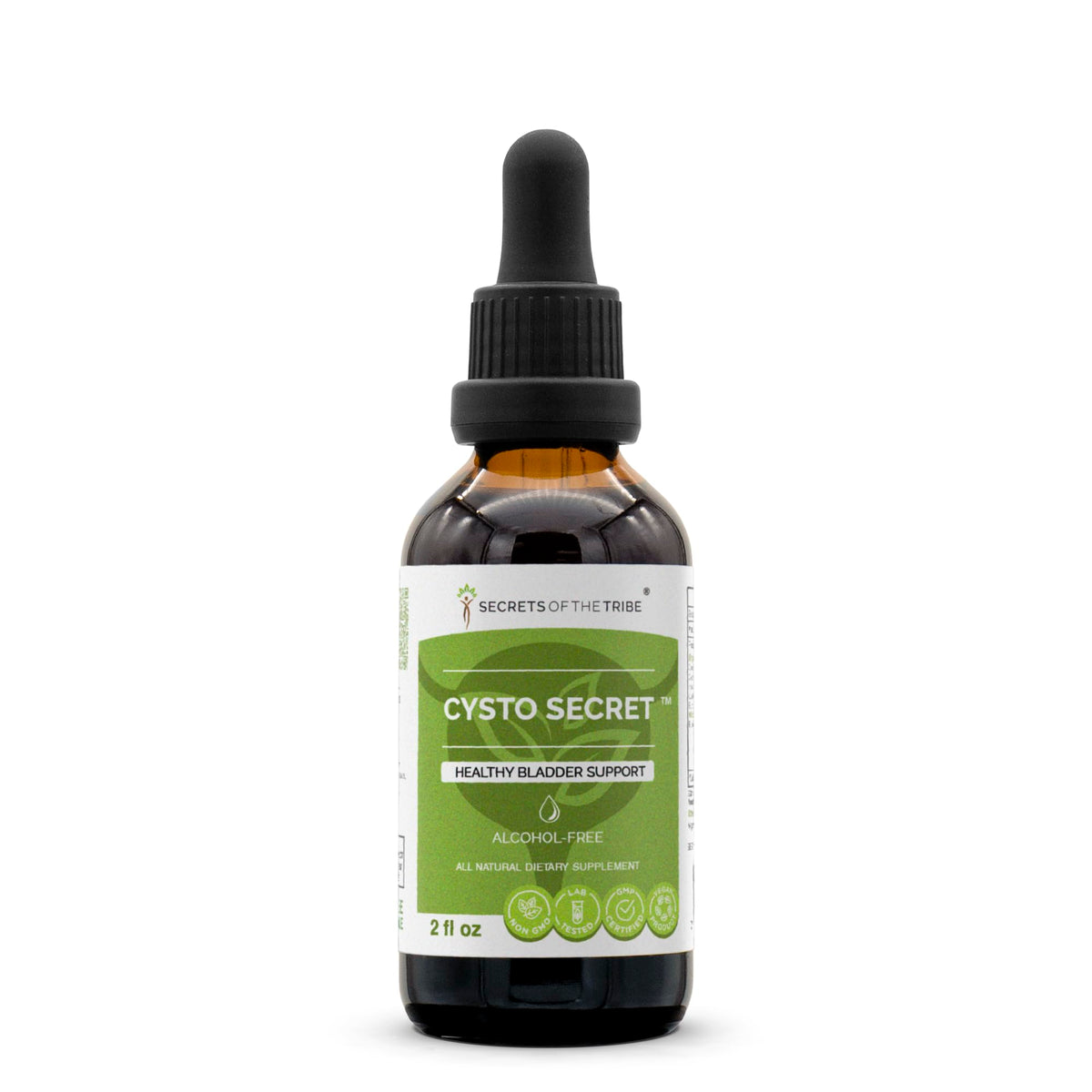 Secrets of the Tribe Cysto Secret bottle closeup for convenient daily bladder support.