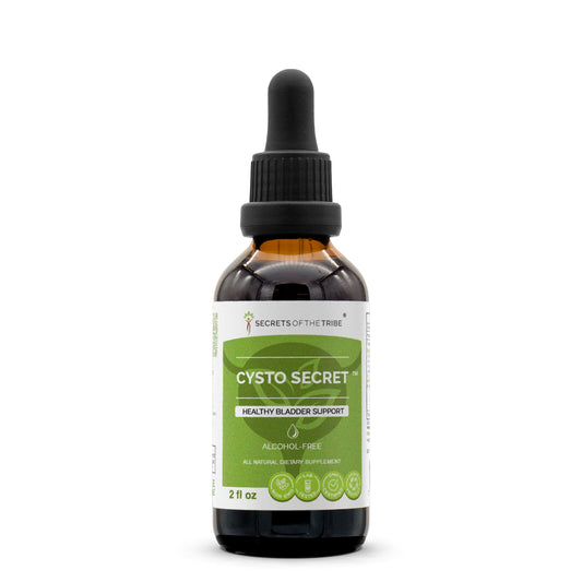 Secrets of the Tribe Cysto Secret bottle closeup for convenient daily bladder support.