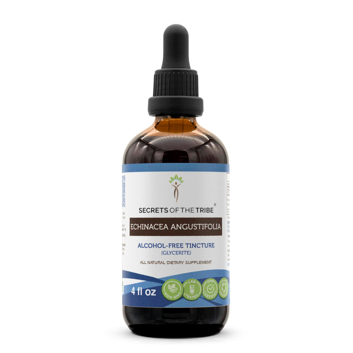 Secrets of the Tribe echinacea tincture bottle with dropper for easy daily dosing.