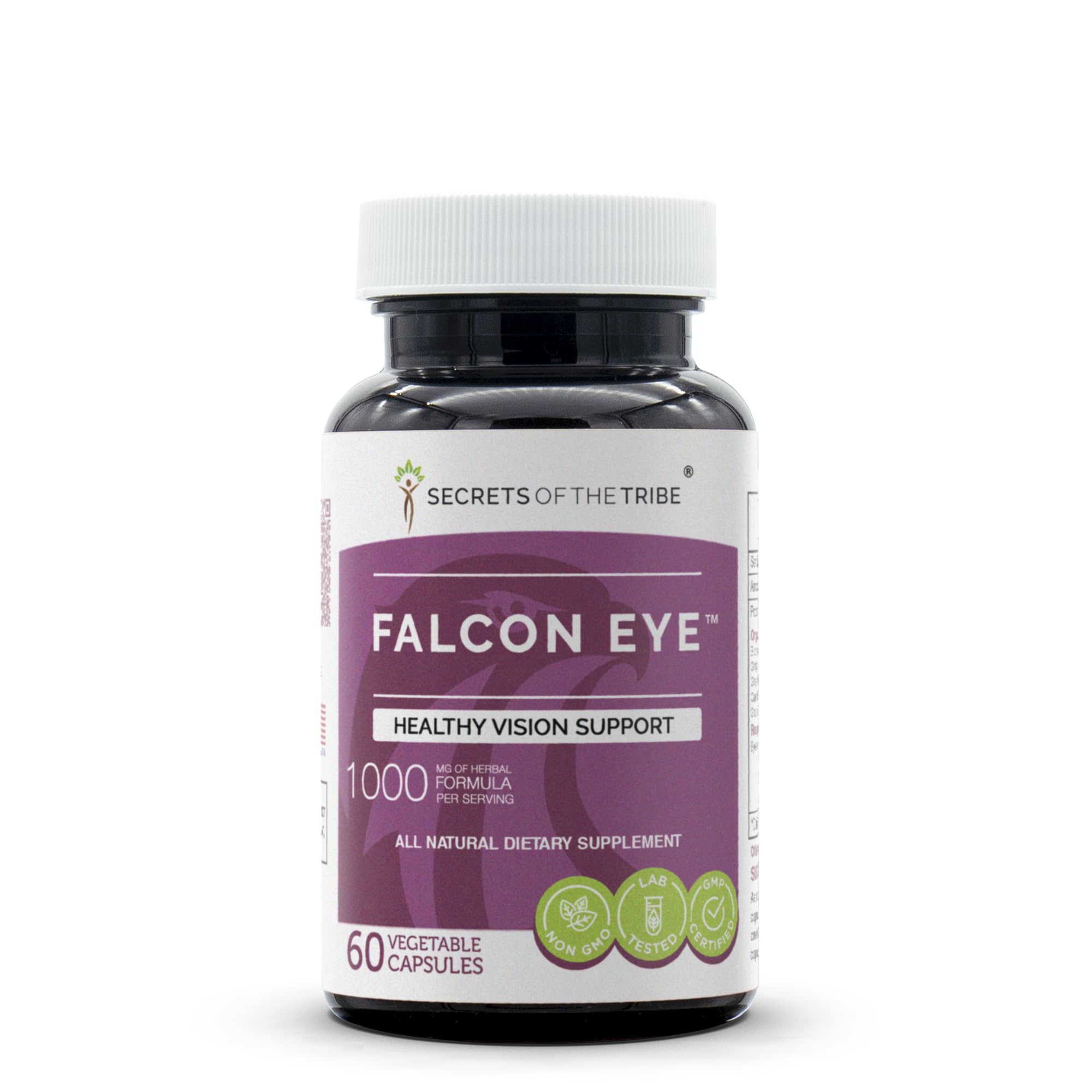 Secrets of the Tribe Falcon Eye bottle label highlights natural vision-support ingredients.