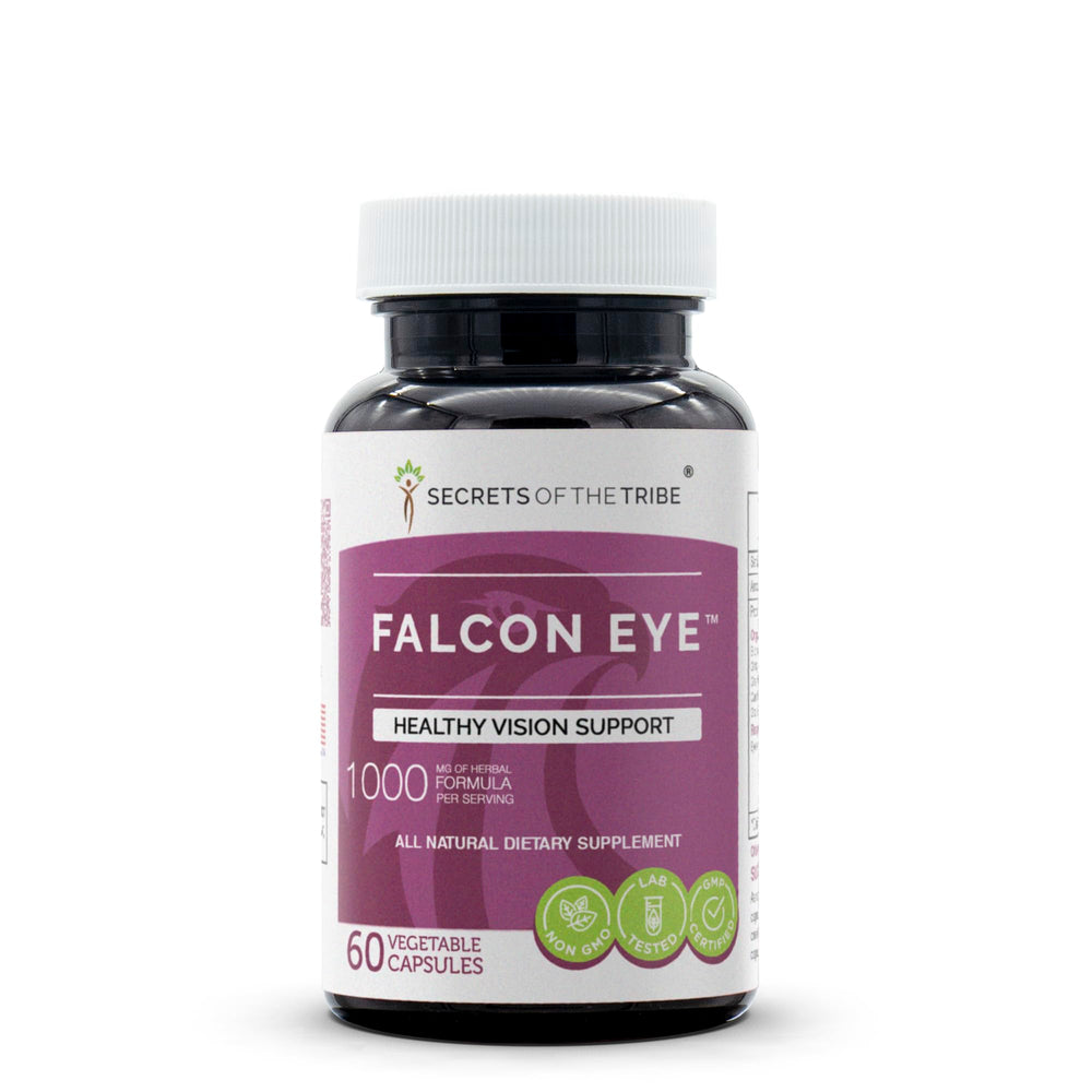 Secrets of the Tribe Falcon Eye bottle label highlights natural vision-support ingredients.