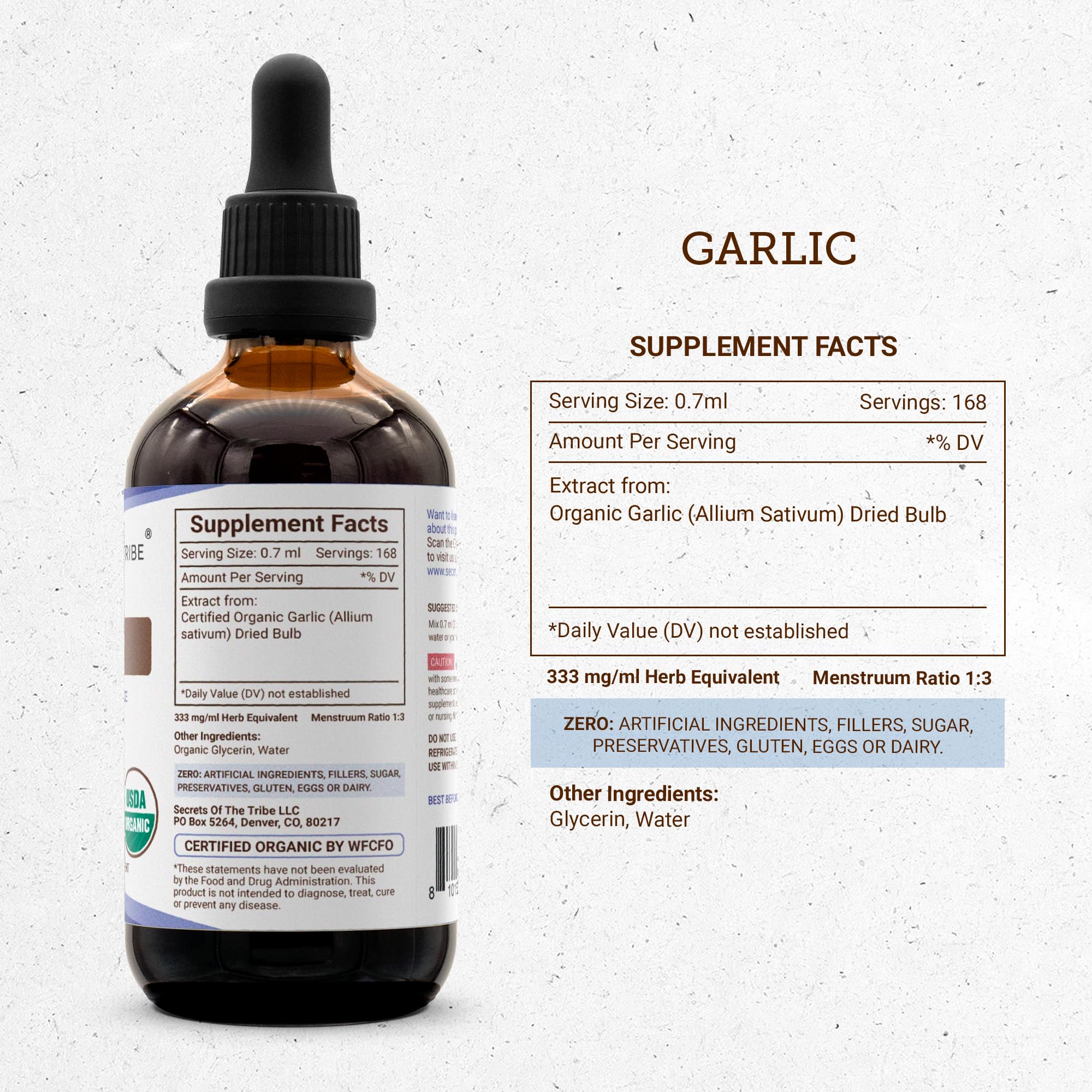 Secrets of the Tribe Garlic USDA Organic bottle with cap showcases premium packaging.