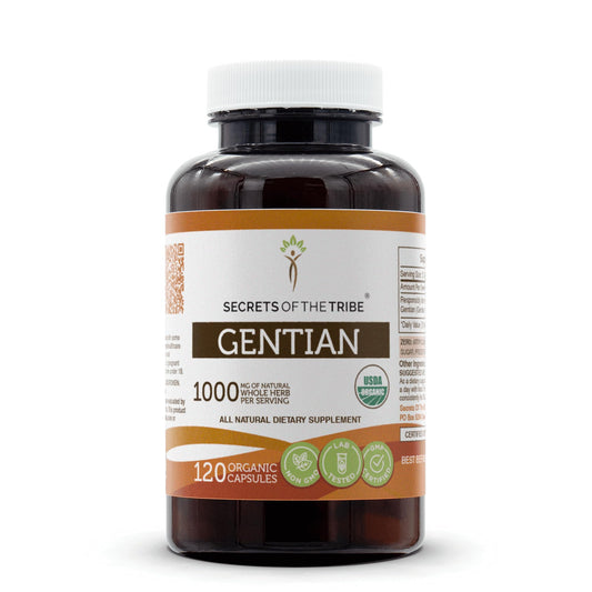 Secrets of the Tribe Gentian dried root bottle shows organic origin and convenient capsules.