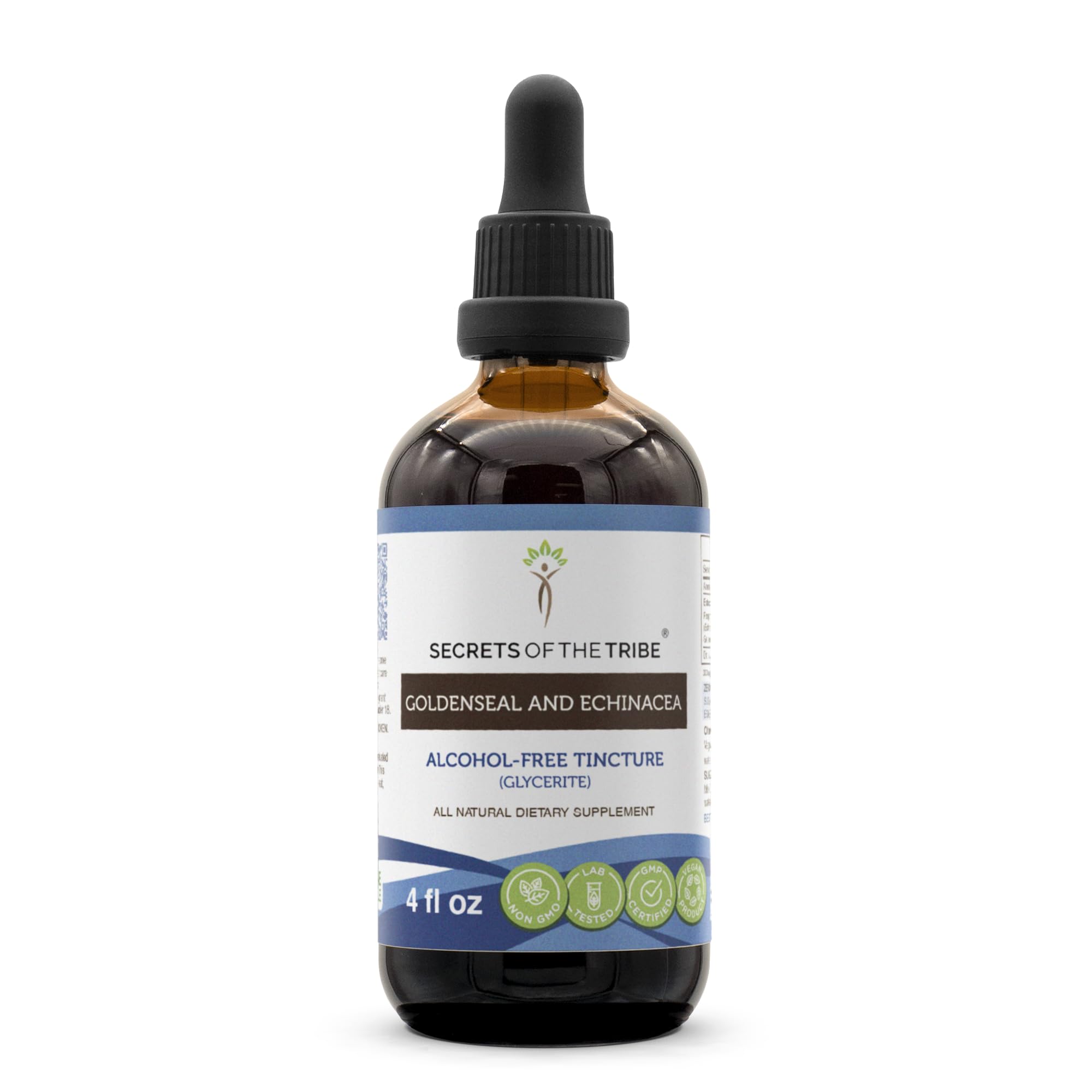 Secrets of the Tribe goldenseal-echinacea bottle pour, a clear tincture for daily wellness.