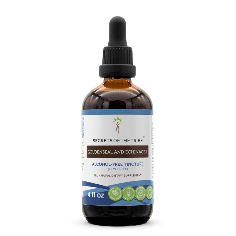 Secrets of the Tribe goldenseal-echinacea bottle pour, a clear tincture for daily wellness.