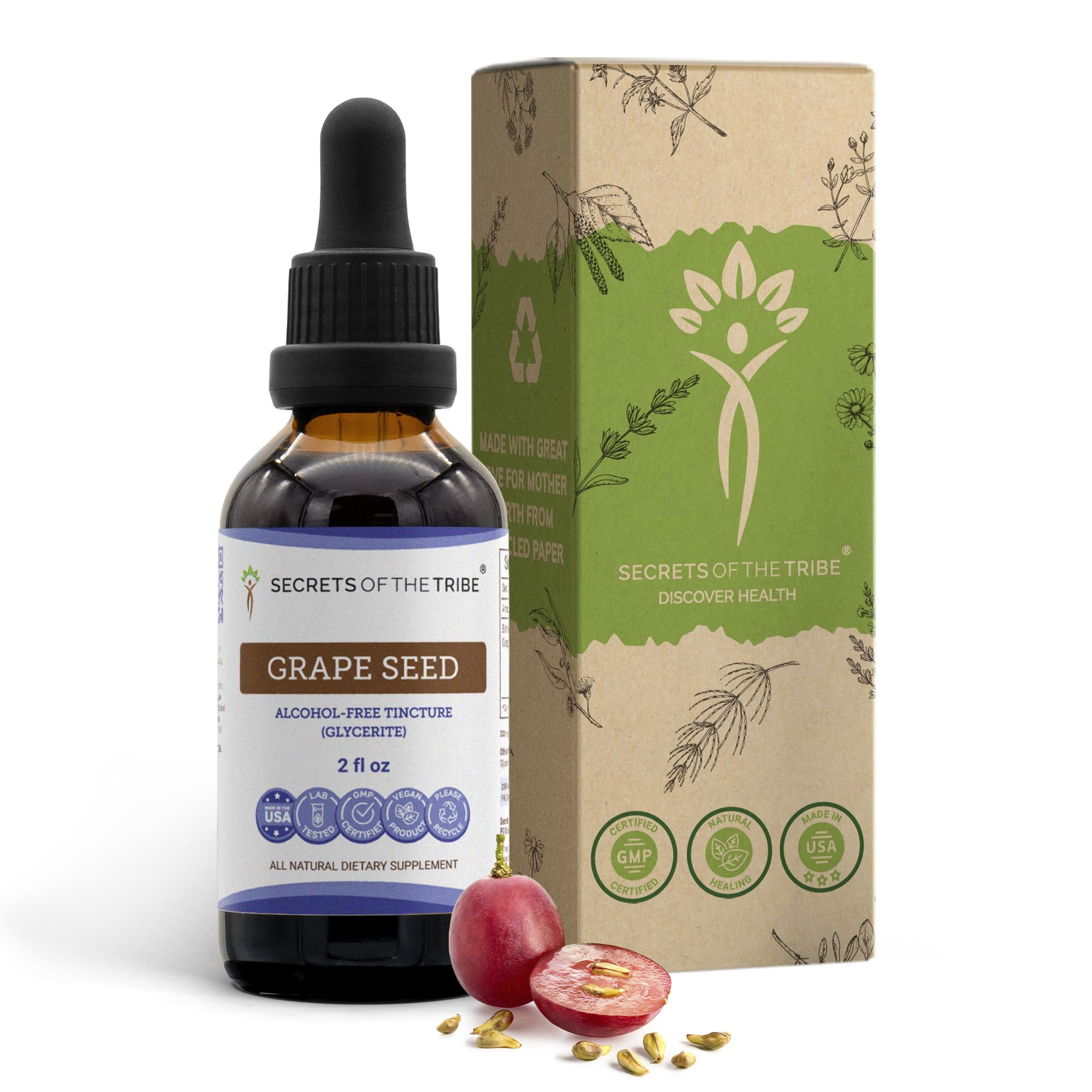 Secrets of the Tribe grape seed tincture bottle showing natural formula for daily rituals