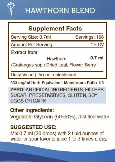 Secrets of the Tribe Hawthorn Blend Tincture label detail indicating an alcohol-free formula