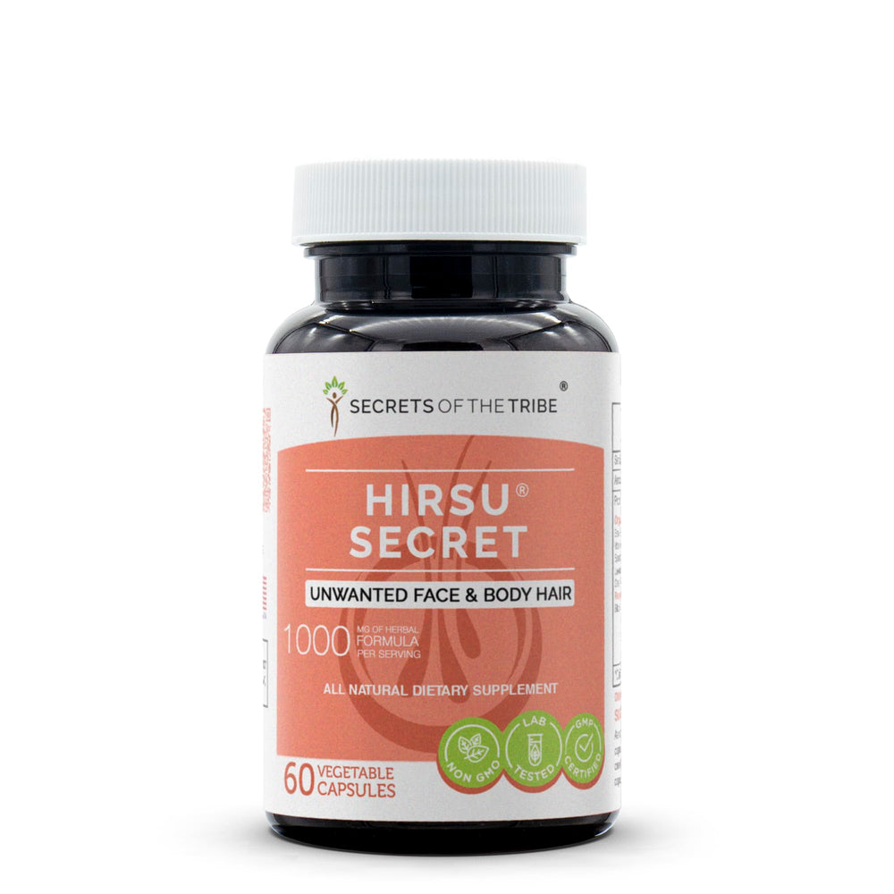 Secrets of the Tribe Hirsu Secret bottle; natural ingredients for daily wellness.