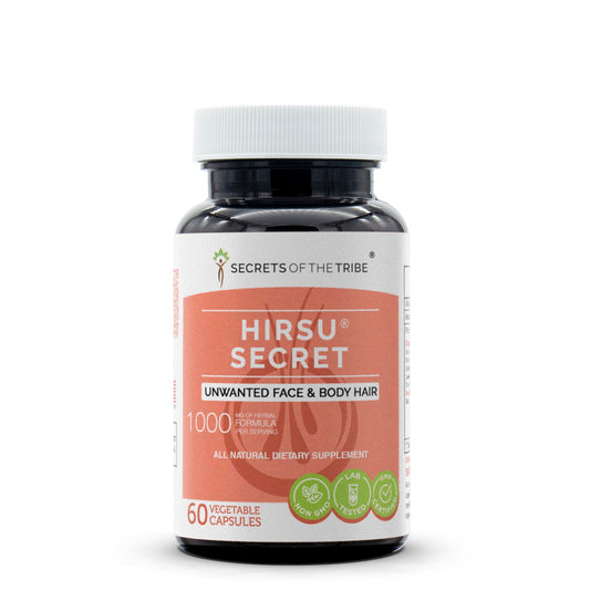 Secrets of the Tribe Hirsu Secret bottle; natural ingredients for daily wellness.
