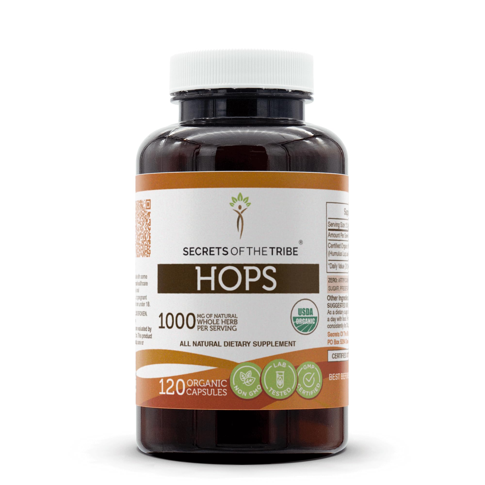 Secrets of the Tribe Hops capsules bottle front for daily herbal support and organic quality.