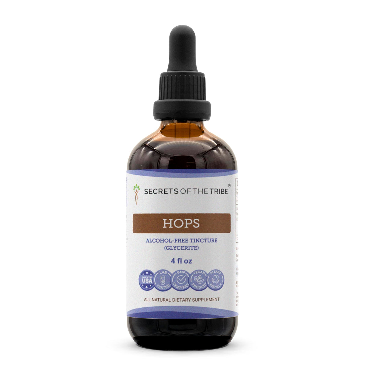 Secrets of the Tribe Hops Tincture bottle closeup with dropper for easy dosing.