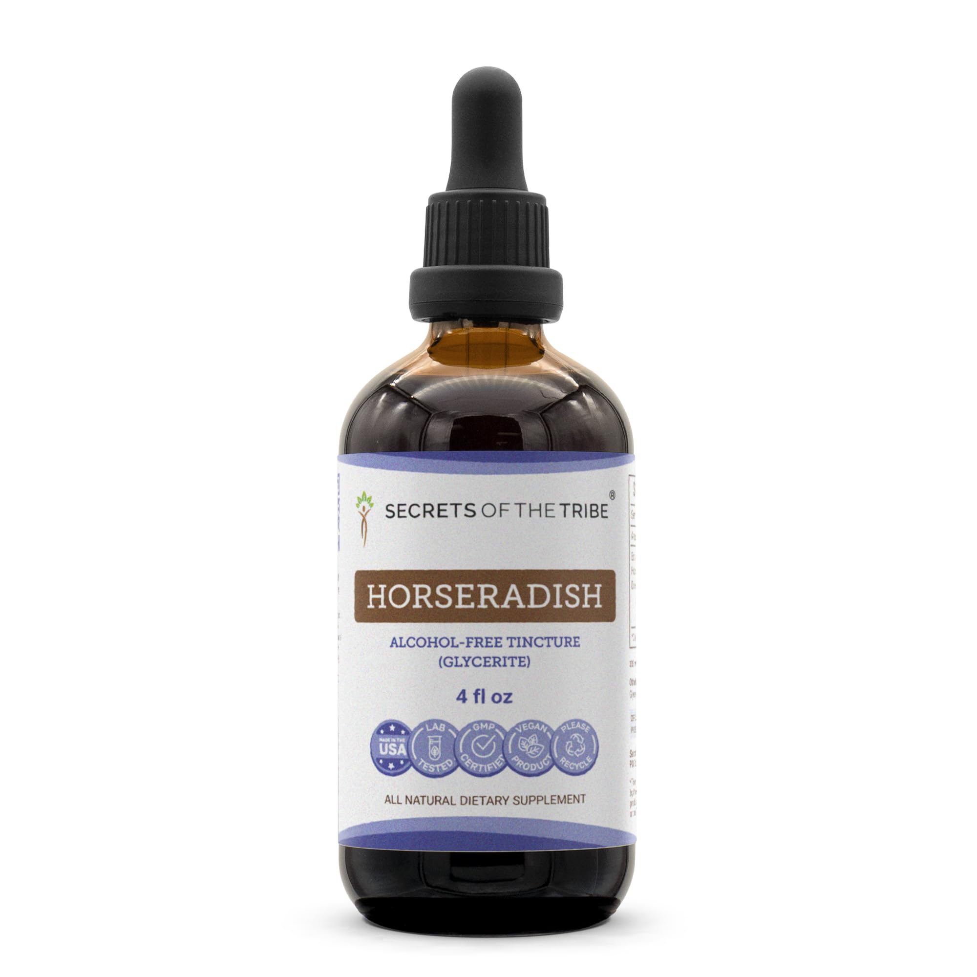 Secrets of the Tribe horseradish tincture bottle front view, alcohol-free liquid extract.