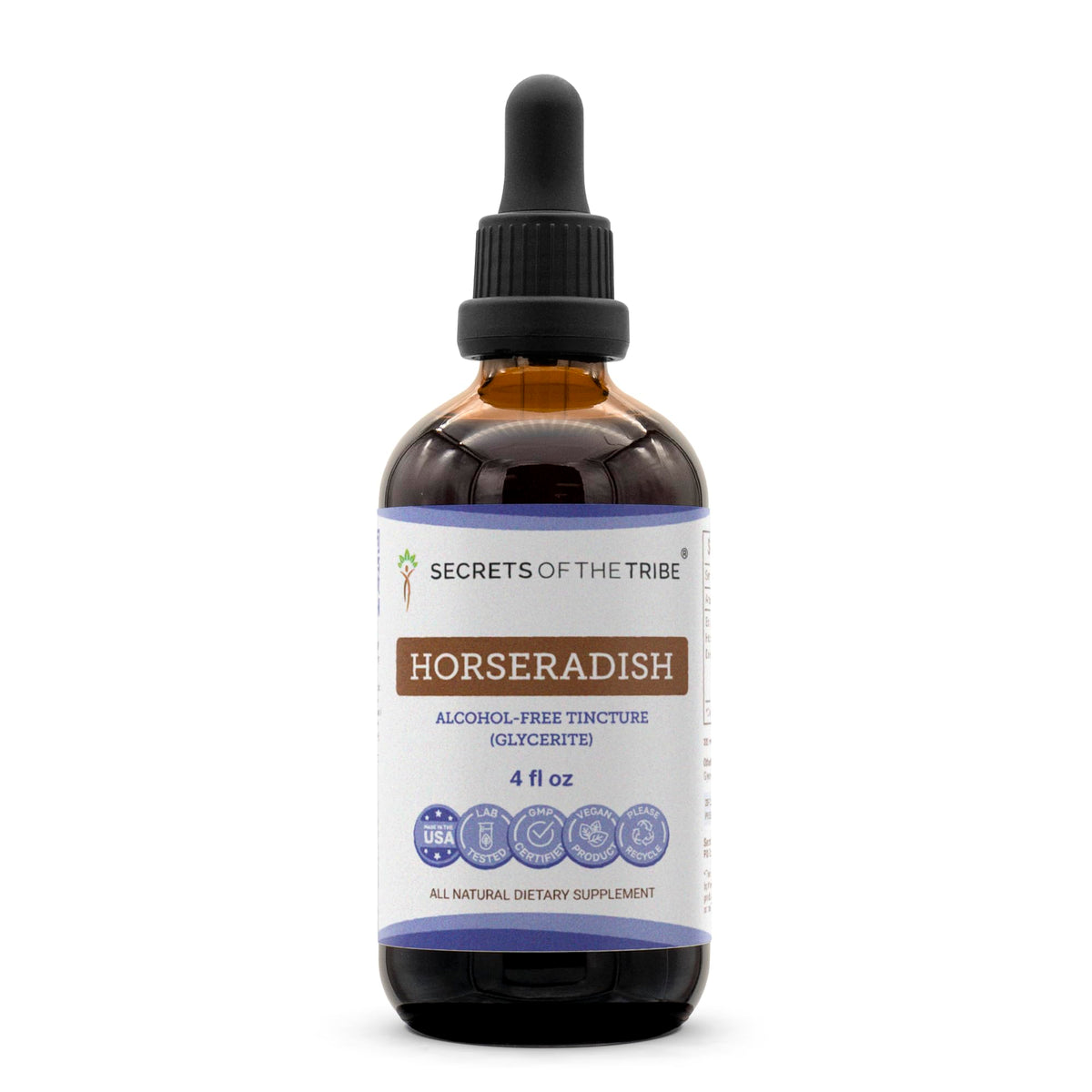 Secrets of the Tribe horseradish tincture bottle front view, alcohol-free liquid extract.