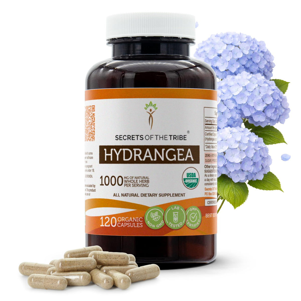 Secrets of the Tribe Hydrangea capsules bottle label highlighting organic certification and easy daily use