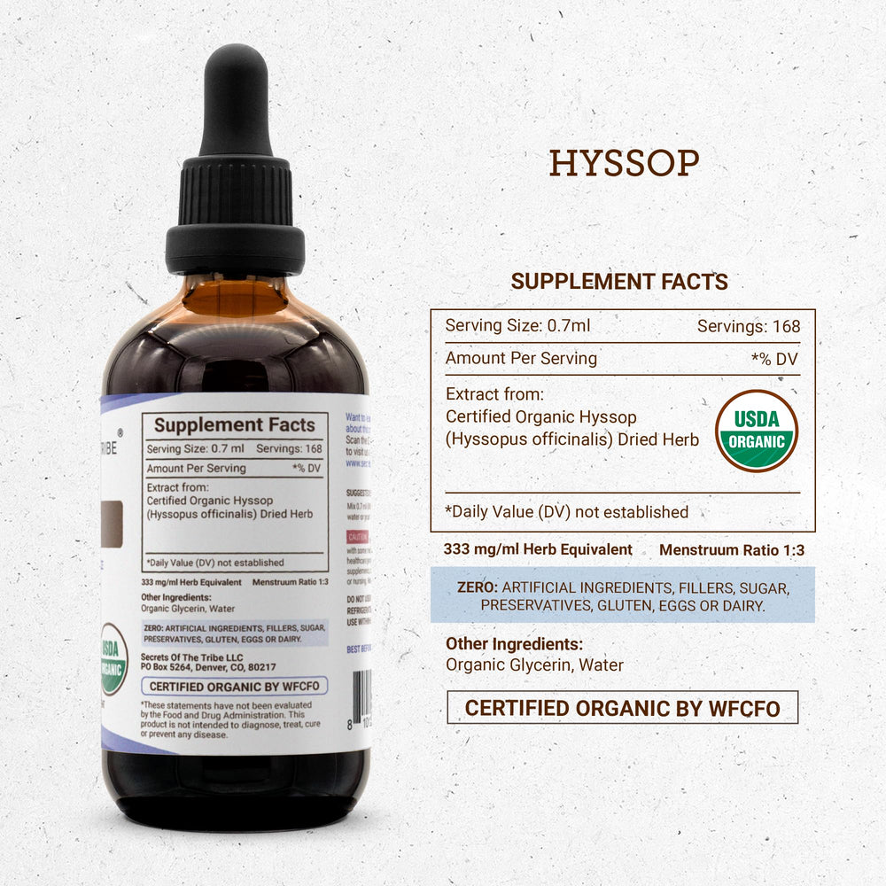 Secrets of the Tribe hyssop lab test certificate graphic confirming purity.