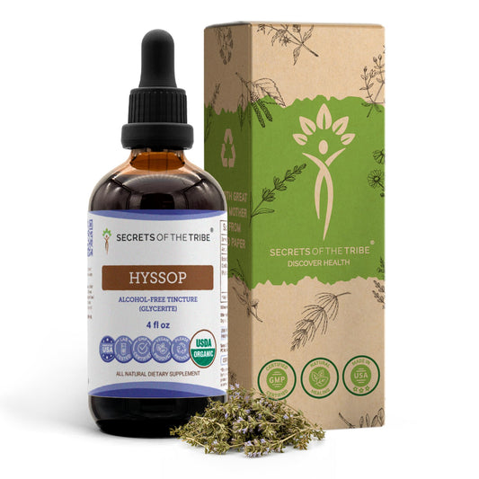 Secrets of the Tribe Hyssop organic bottle — pure extract for daily wellness rituals.