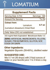 Secrets of the Tribe Lomatium tincture glass bottle communicates premium, alcohol-free extract.
