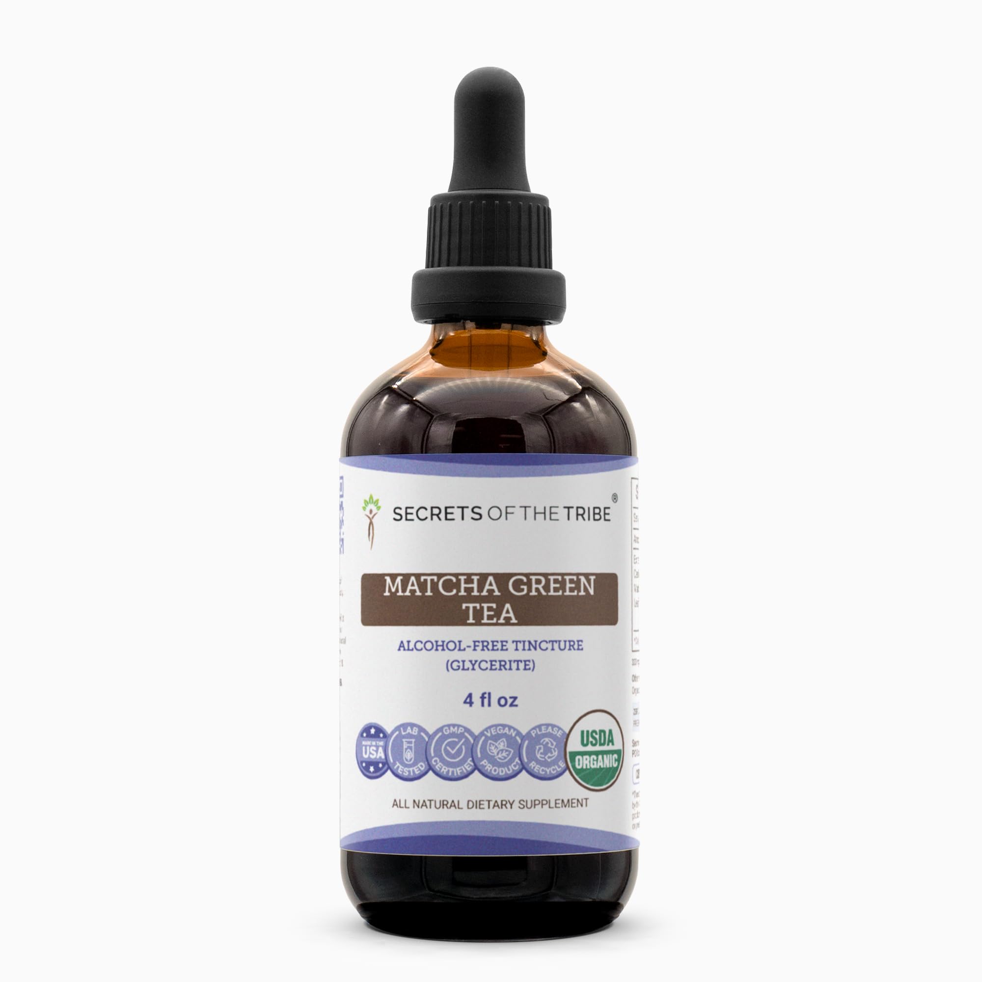 Secrets of the Tribe matcha drops in organic bottle for daily use