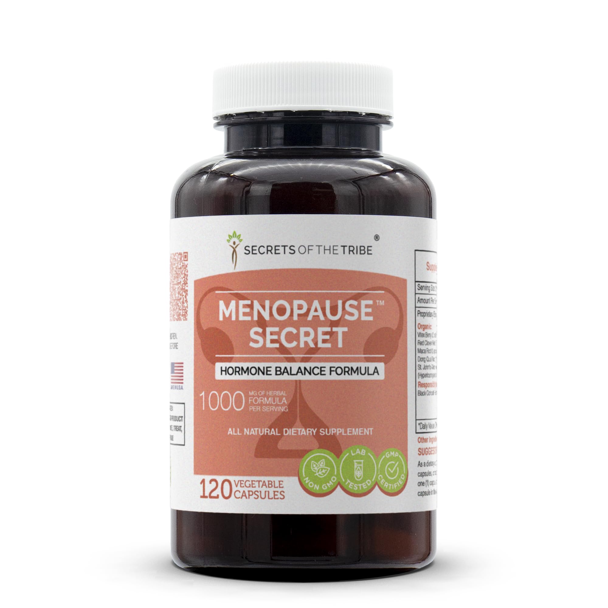 Secrets of the Tribe menopause secret bottle showing a natural herbal blend for balance