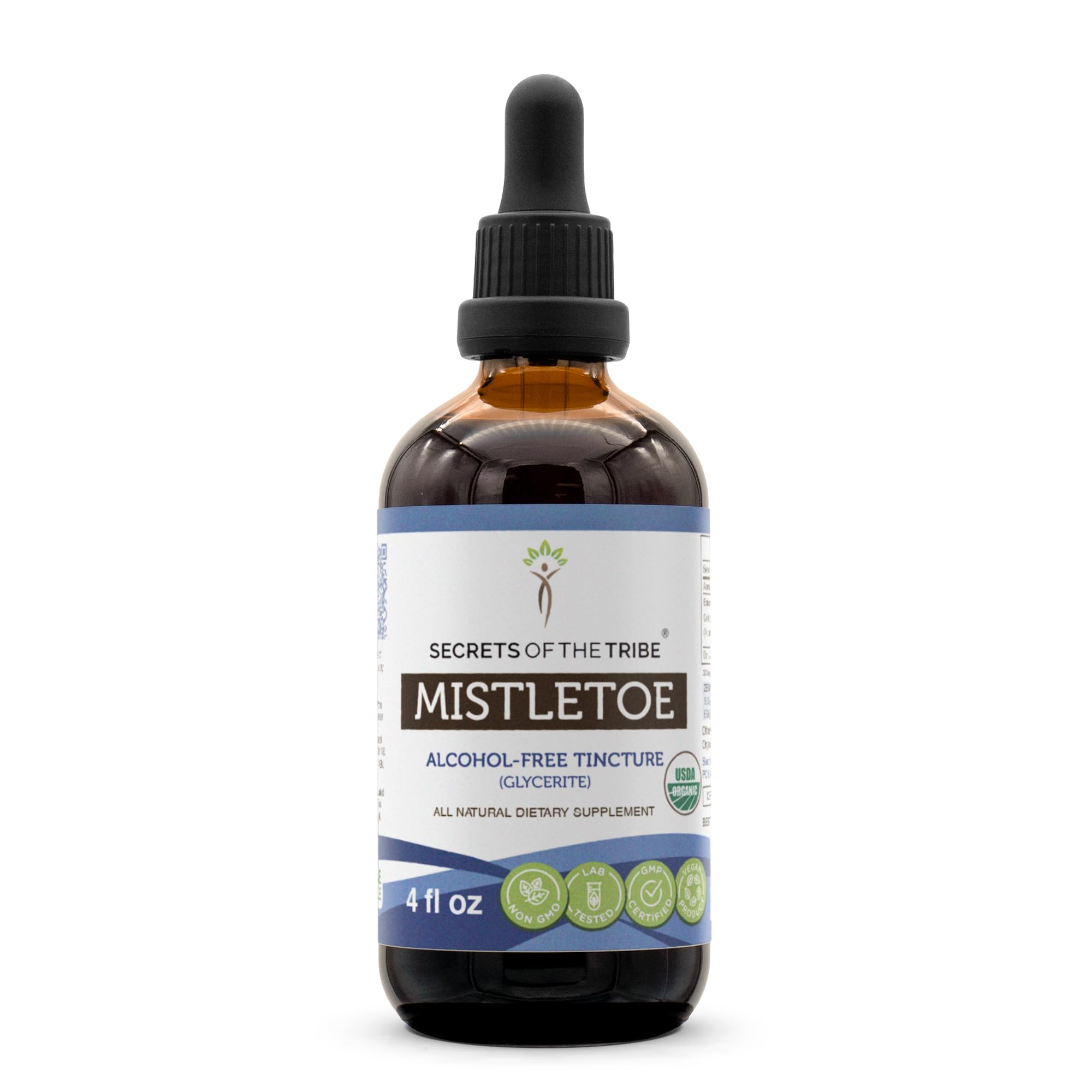 Secrets of the Tribe Mistletoe bottle pour—alcohol-free herbal extract for daily use.