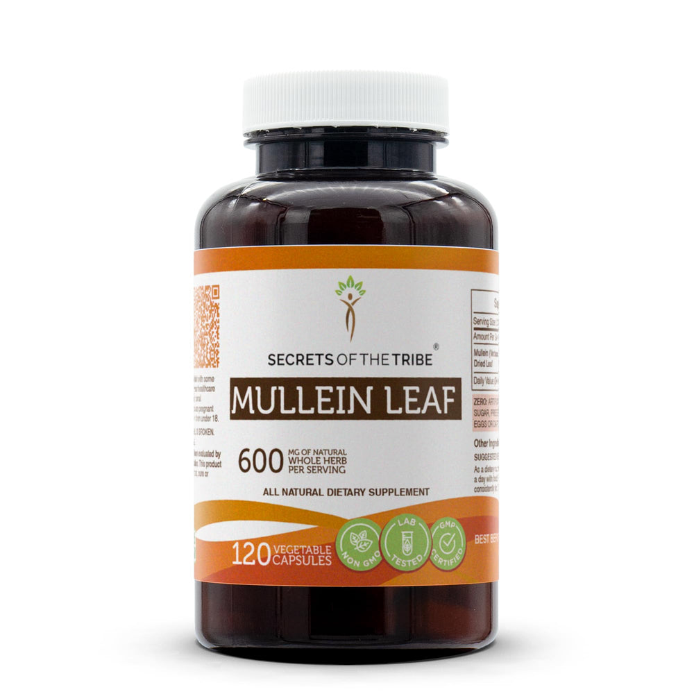 Secrets of the Tribe mullein leaf capsules bottle for daily herbal support.
