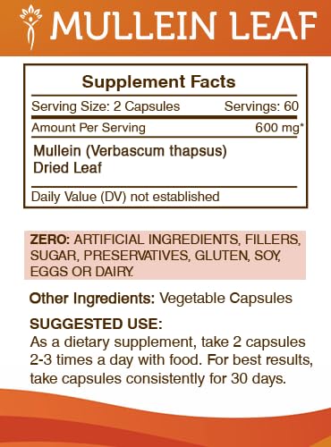 Secrets of the Tribe mullein leaf capsules label confirms purity and third‑party testing.