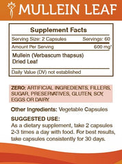 Secrets of the Tribe mullein leaf capsules label confirms purity and third‑party testing.