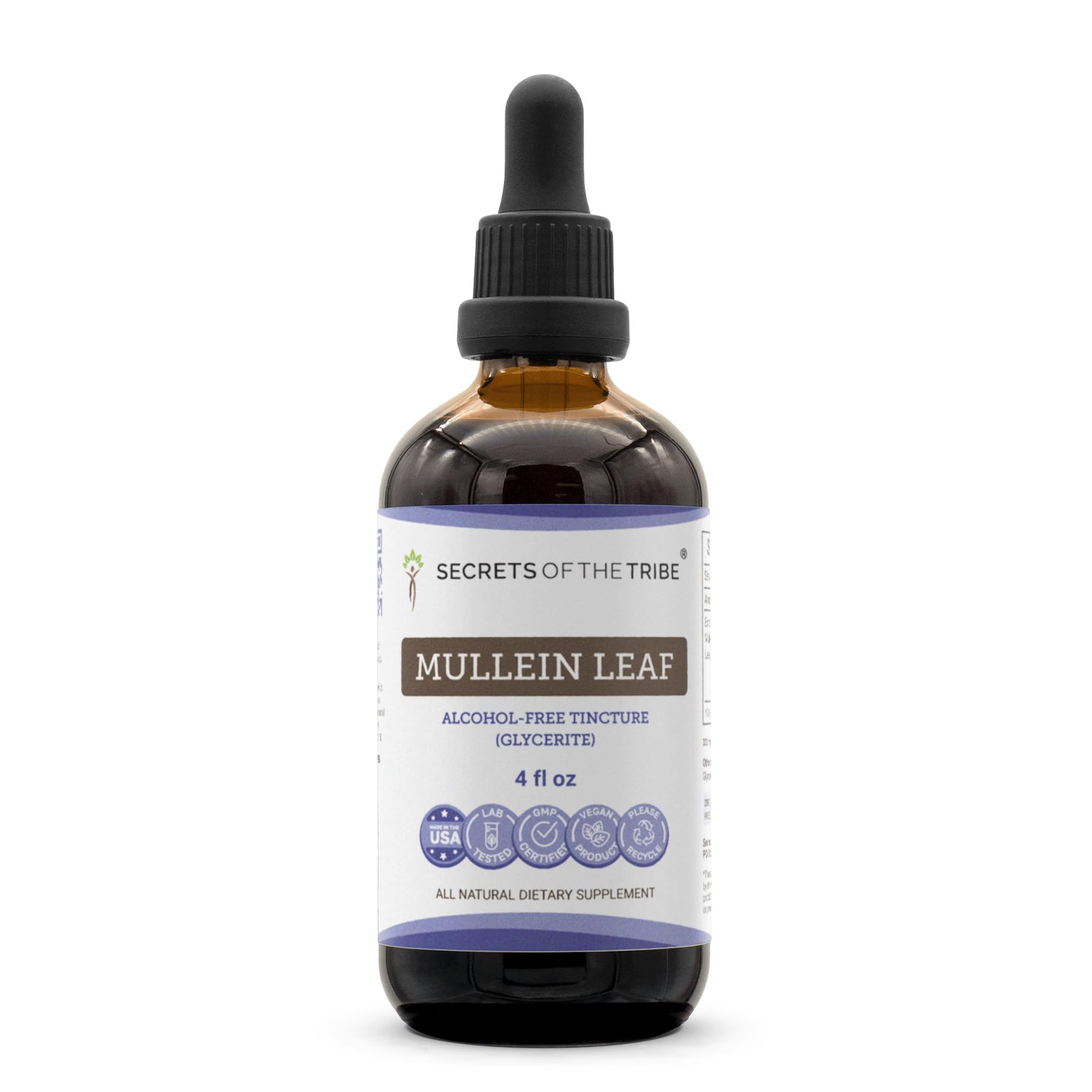 Secrets of the Tribe Mullein Leaf Liquid Extract bottle with alcohol-free tincture for easy dosing.