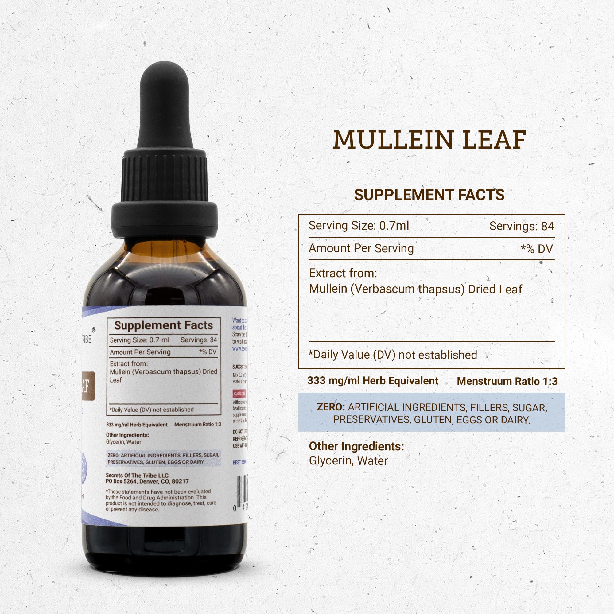 Amber bottle of Secrets of the Tribe mullein tincture on the kitchen counter