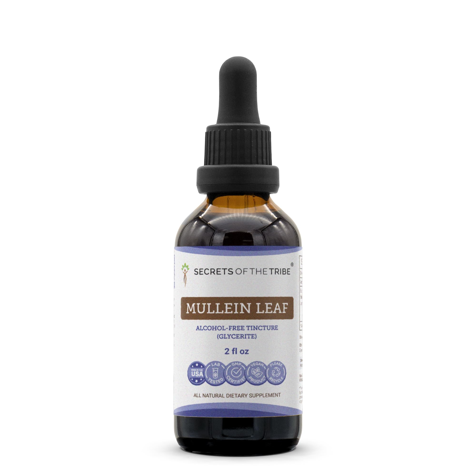 Secrets of the Tribe mullein tincture bottle showing clean labeling and purity