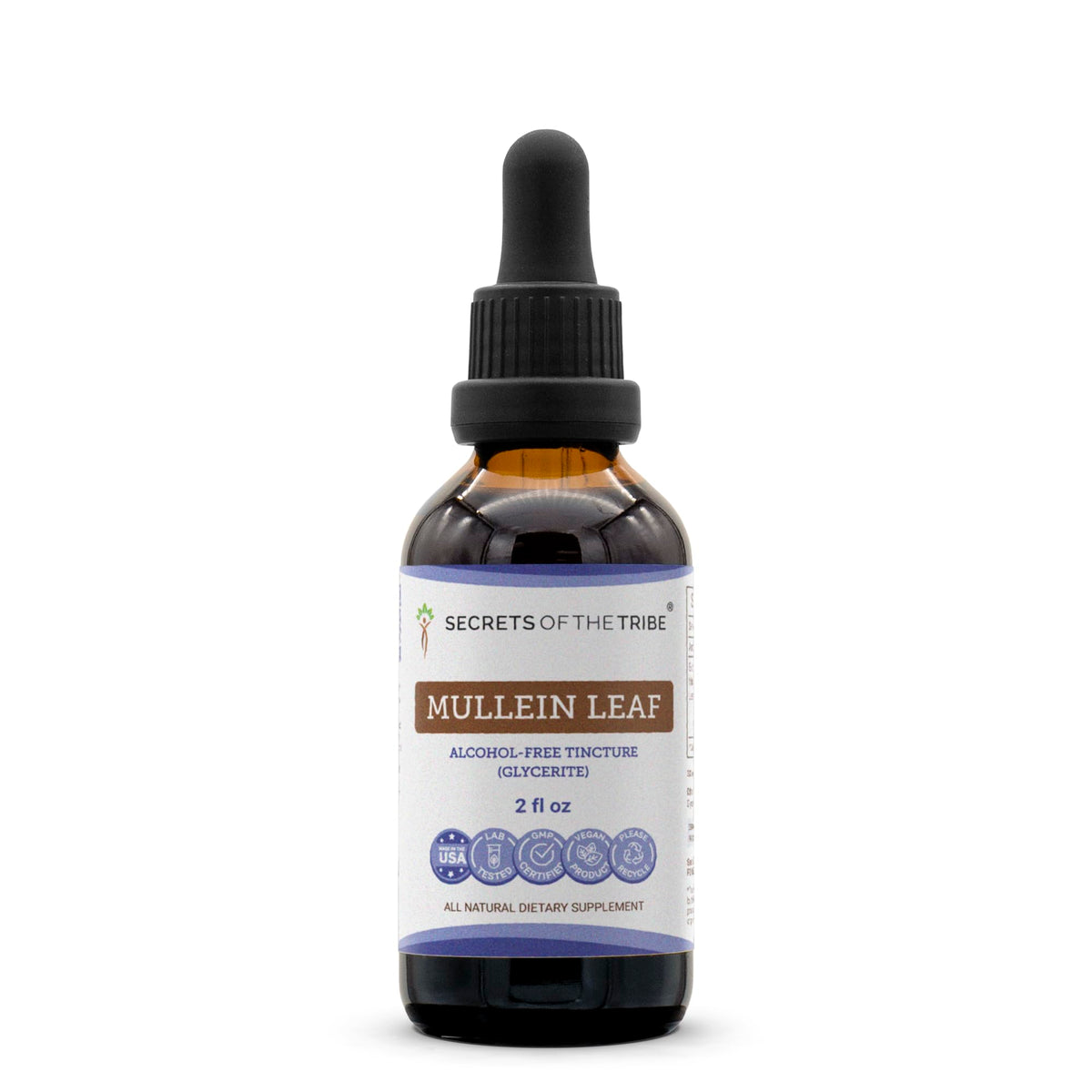 Secrets of the Tribe mullein tincture bottle showing clean labeling and purity