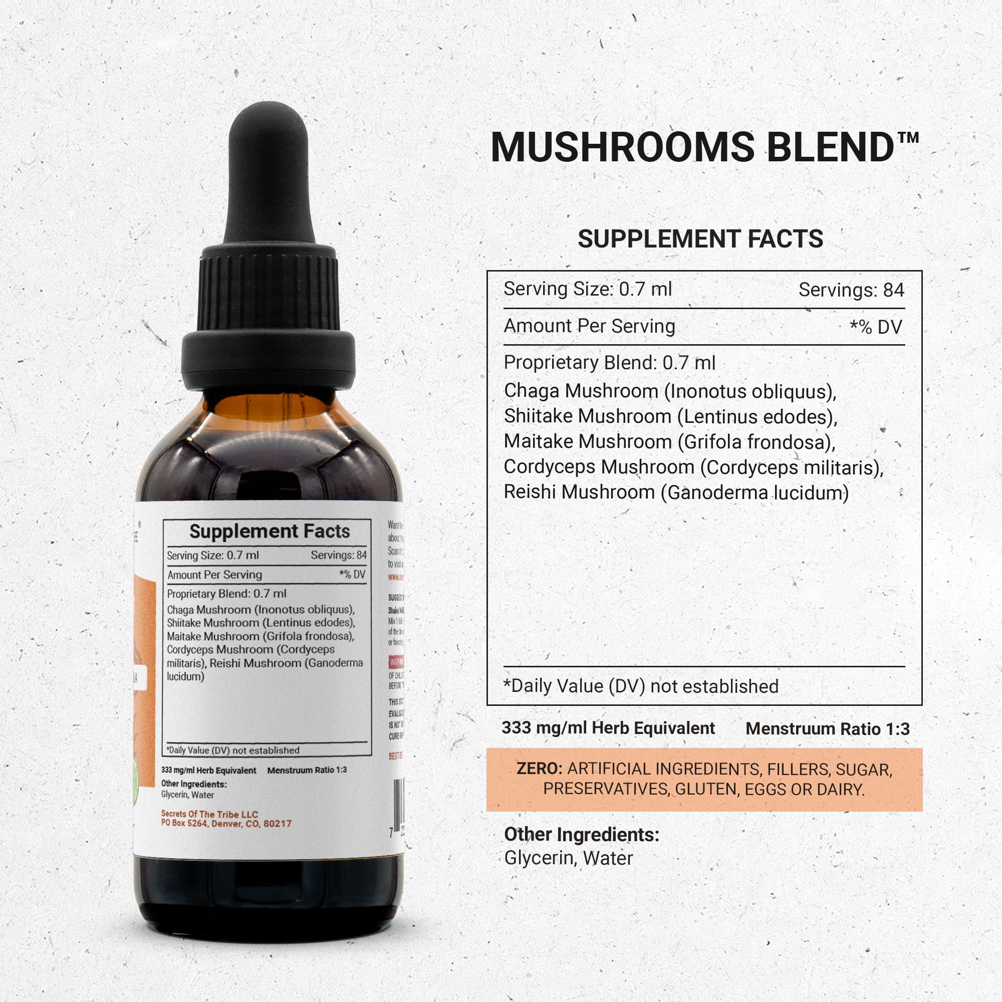Secrets of the Tribe Mushrooms Blend dropper enabling precise dosing