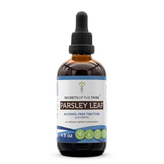 Secrets of the Tribe parsley leaf tincture bottle offers alcohol-free, convenient herbal extract.