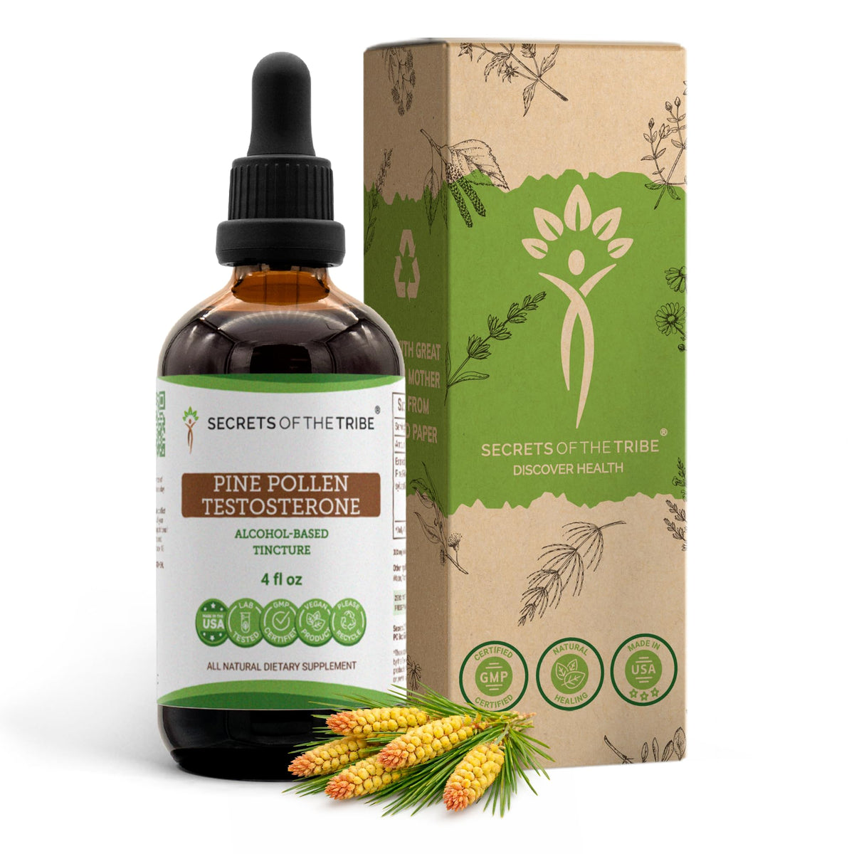 Secrets of the Tribe pine pollen bottle front view for daily vitality support.