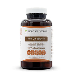 Secrets of the Tribe calendula bottle with 120 capsules for daily use.