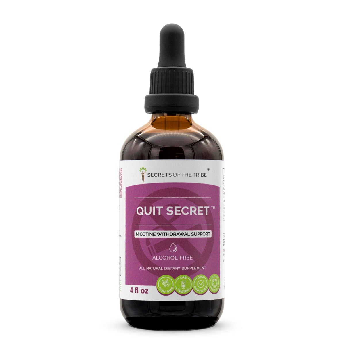 Secrets of the Tribe Quit Secret Alcohol-Free Extract bottle pour highlights convenient daily-use herbal tincture.