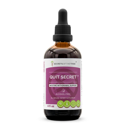 Secrets of the Tribe Quit Secret Alcohol-Free Extract bottle pour highlights convenient daily-use herbal tincture.