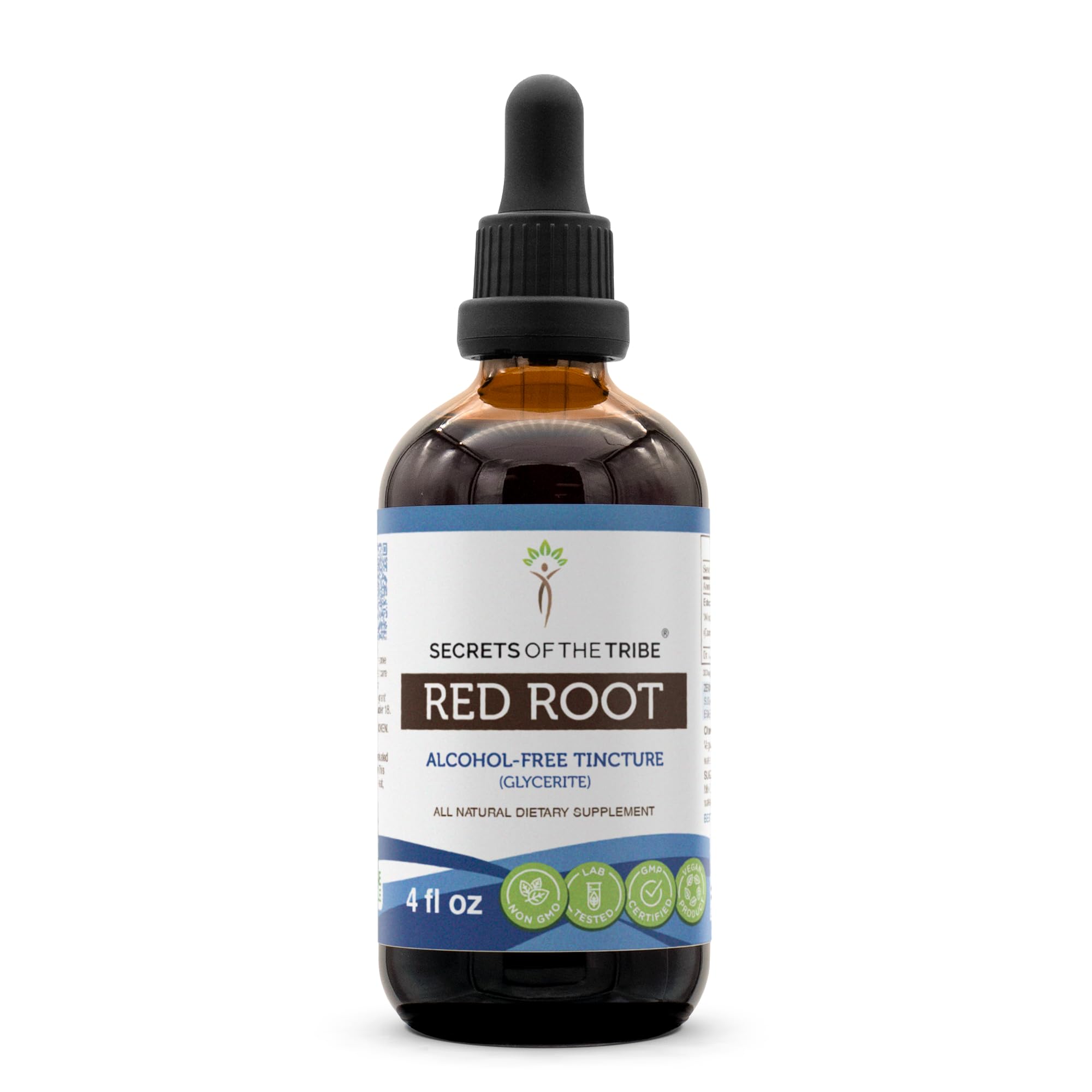 Secrets of the Tribe Red Root tincture bottle with dropper for precise dosing.