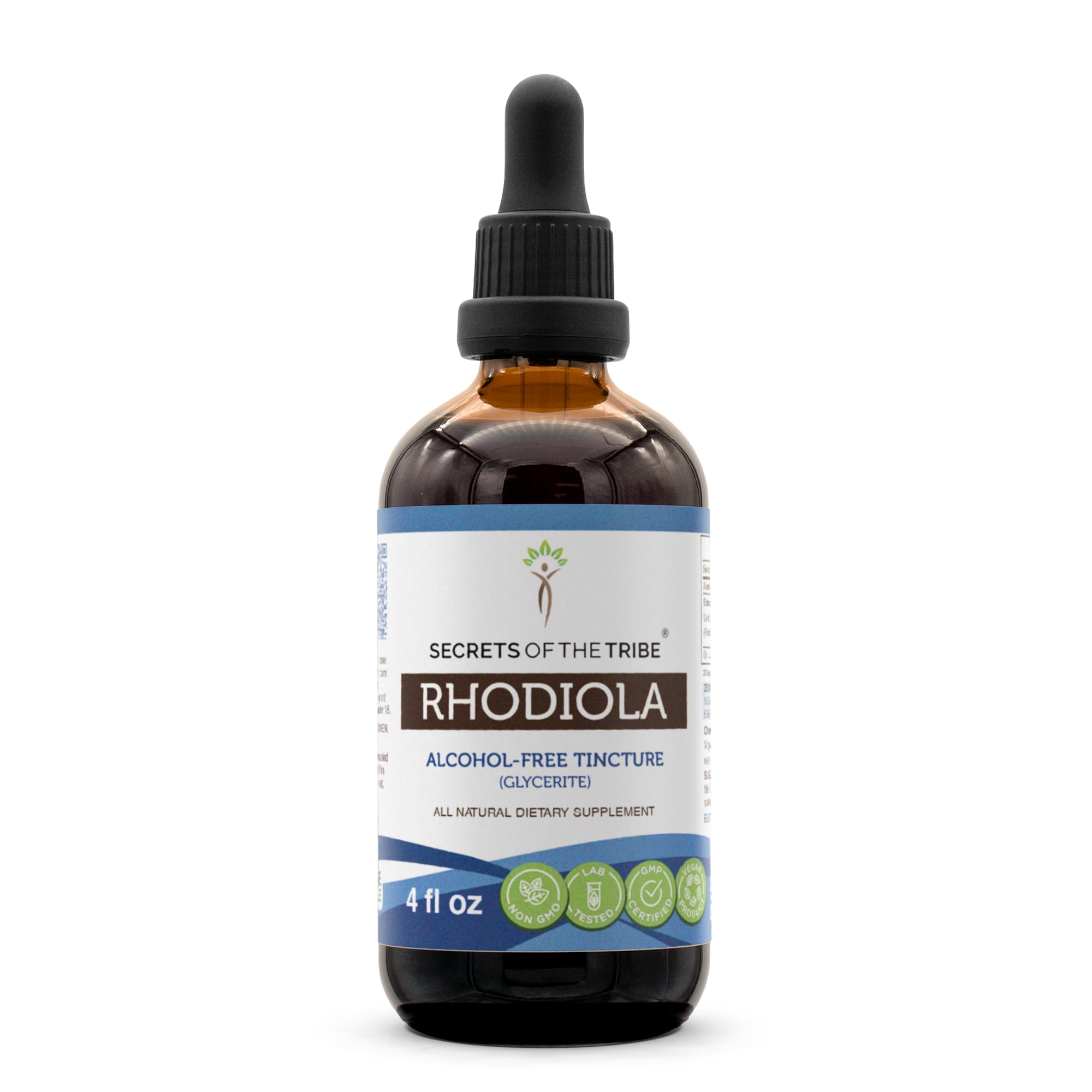Secrets of the Tribe Rhodiola tincture bottle supports energy and focus.