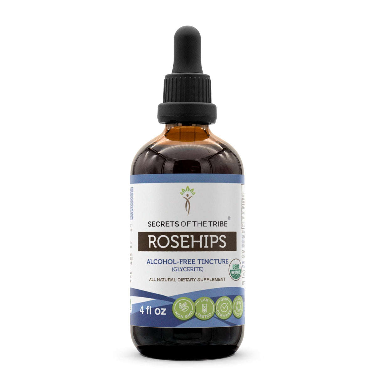 Secrets of the Tribe Rosehips bottle shows high-potency, alcohol-free extract for daily use