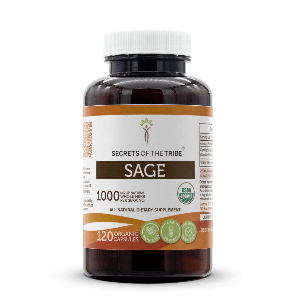 Secrets of the Tribe Sage capsules bottle showing organic, gluten-free herbal supplement for daily wellness