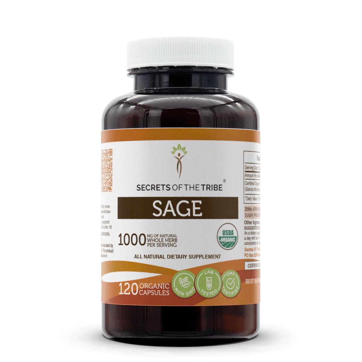 Secrets of the Tribe Sage capsules bottle showing organic, gluten-free herbal supplement for daily wellness