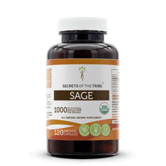 Secrets of the Tribe Sage capsules bottle showing organic, gluten-free herbal supplement for daily wellness