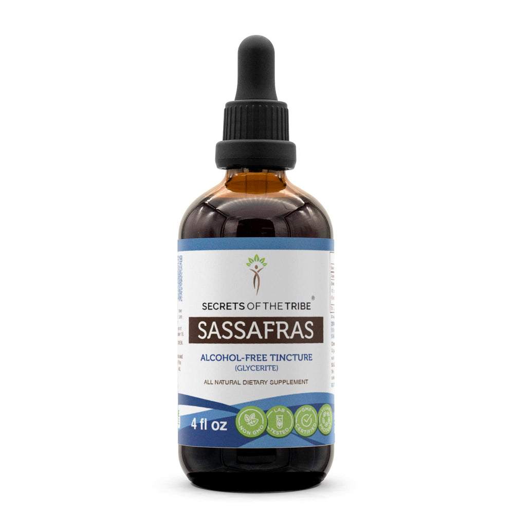 Secrets of the Tribe Sassafras tincture bottle front view for natural wellness