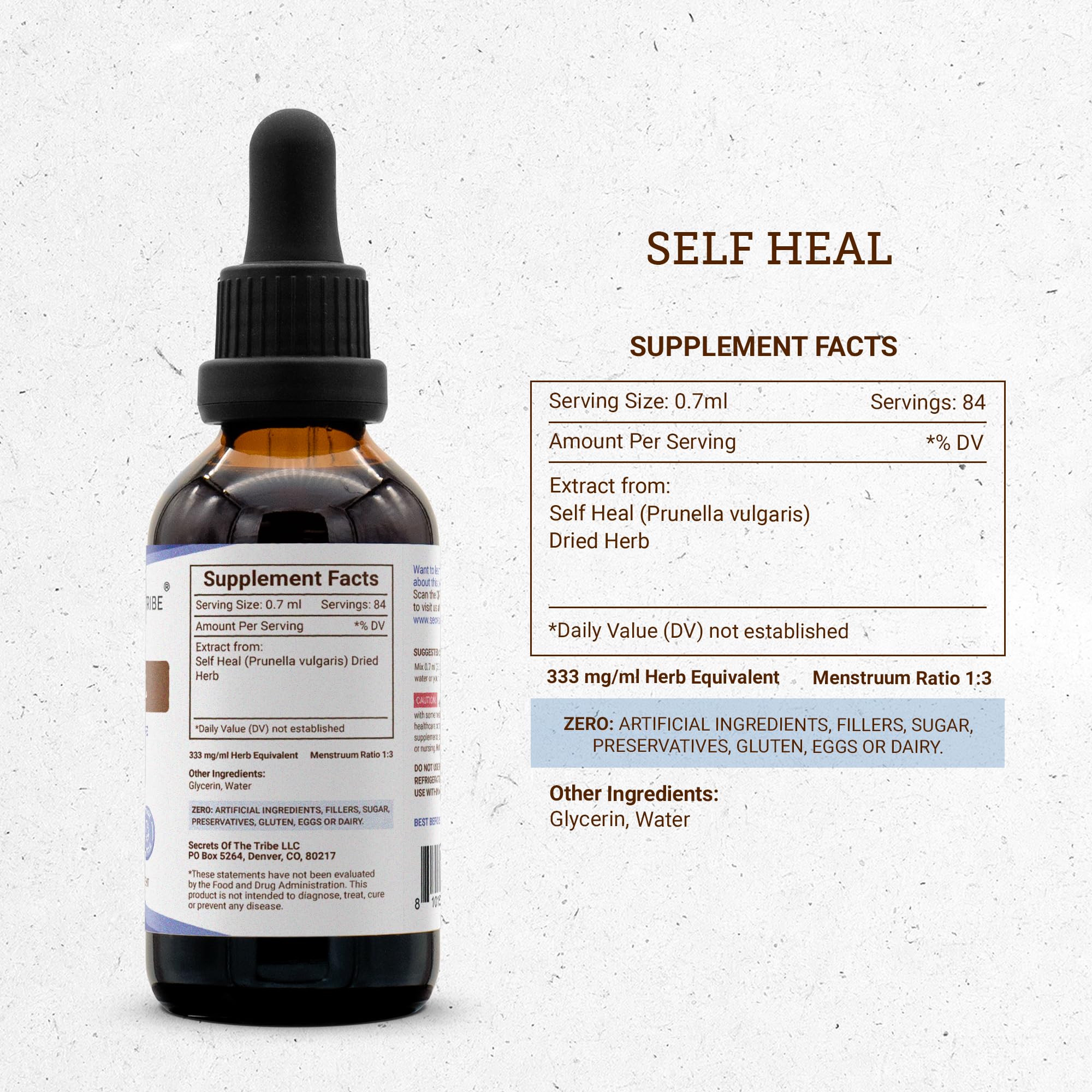 Secrets of the Tribe Self Heal label detail highlights quality and purity.