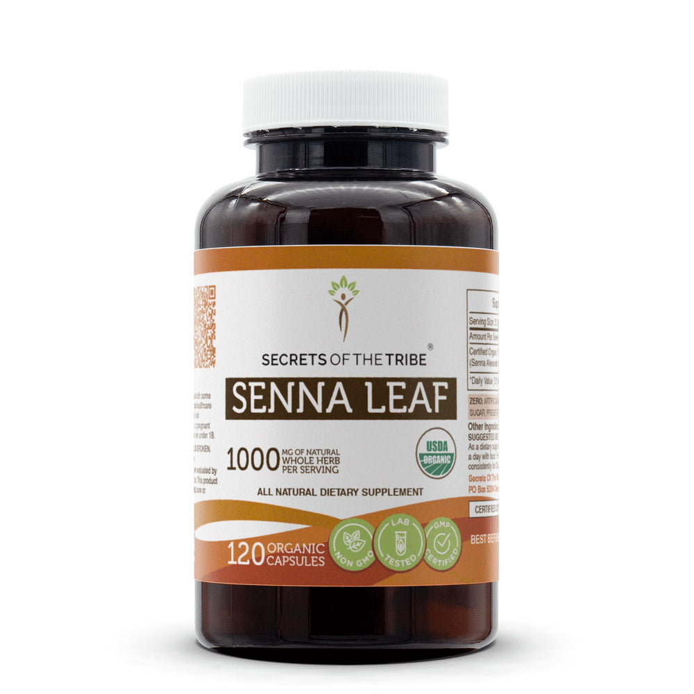 Secrets of the Tribe Senna Leaf Capsules bottle front, organic vegetarian capsules for daily wellness.